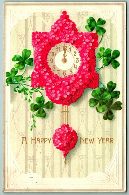 Happy New Year Clocks Flowers Four Leaf Clover Art Deco Embossed DB Postcard I10