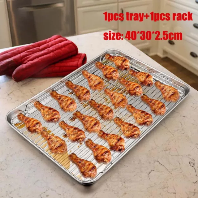 Large Stainless Steel Baking Pan w/ Non Stick Rack Roasting Tray Oven Sheet Dish