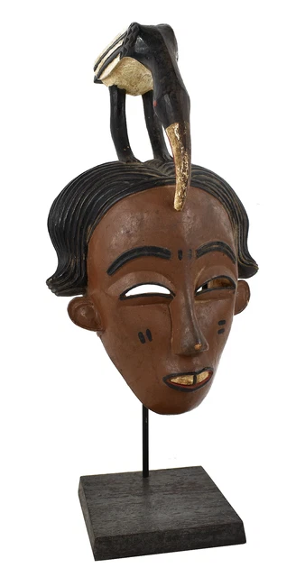 Guro Portrait Mask with Bird Cote d'Ivoire on Custom Stand