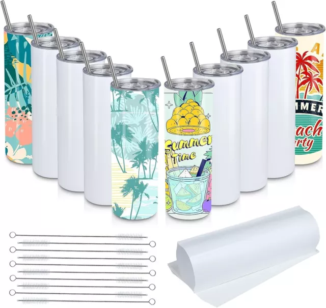 20 Oz Sublimation Tumblers,10 Pack Blank Skinny Tumbler with Lids and Straws,Sta