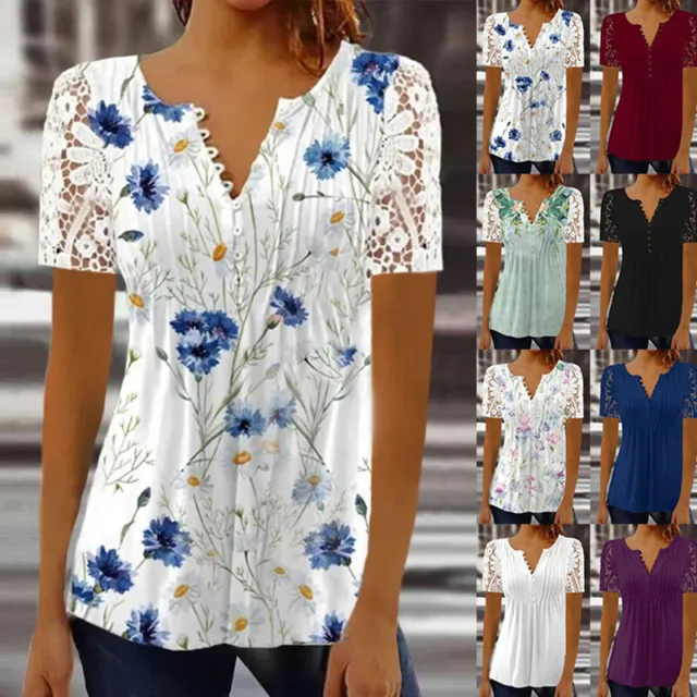 Womens Lace Tops Tee Short Sleeve Blouse T-Shirts Buttons Floral Casual V-Ne ♬