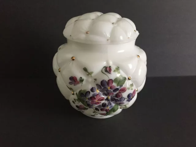 Vintage Consolidated Quilted Milk Glass Jar With Violets