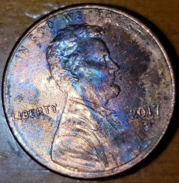 2017 p Lincoln Cent (penny), hues: blue green pink, error? across TRUST obverse