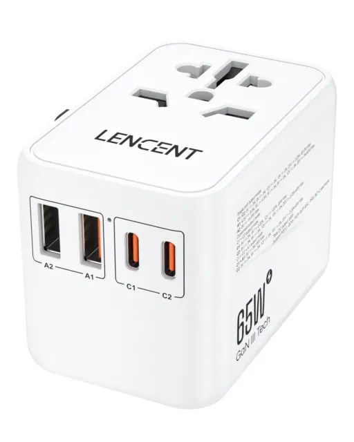 LENCENT GanIII Universal Travel Adapter PD65W 4 USB US/UK/EU/AU Plug Converter