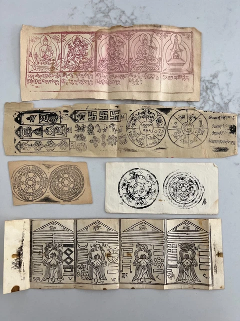 VINTAGE MONGOLIAN TIBETAN BUDDHIST WOODBLOCK AMULET  PRINTS 5 pc