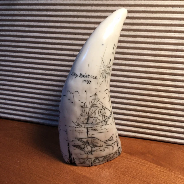 Faux Whale's Tooth - Carved Scrimshaw "Ship Beatrice 1797" Nautical Carving