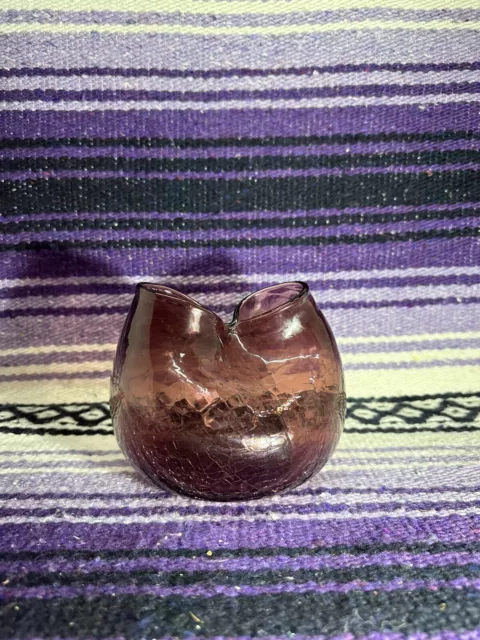 MCM Small Hand Blown Art Glass Crackled Pinched Amethyst Vase Blenko #39