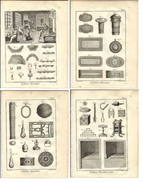 Stampa antica ORFEVRE BIJOUTIER 4 TAVOLE Encyclopedie Diderot 1785 Antique print