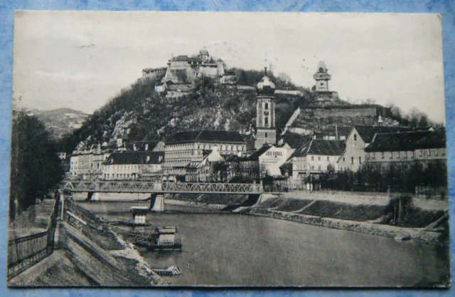 alte AK Albrechtsbrücke mit Schloßberg und Mur Graz Österreich 1909