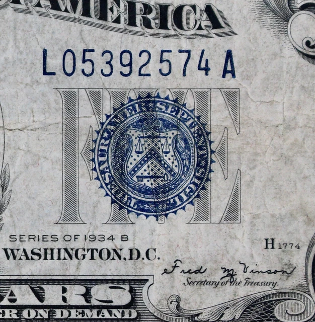 Tough $5 1934B Mule bp 637 blue seal Silver Certificate L05392574A series B