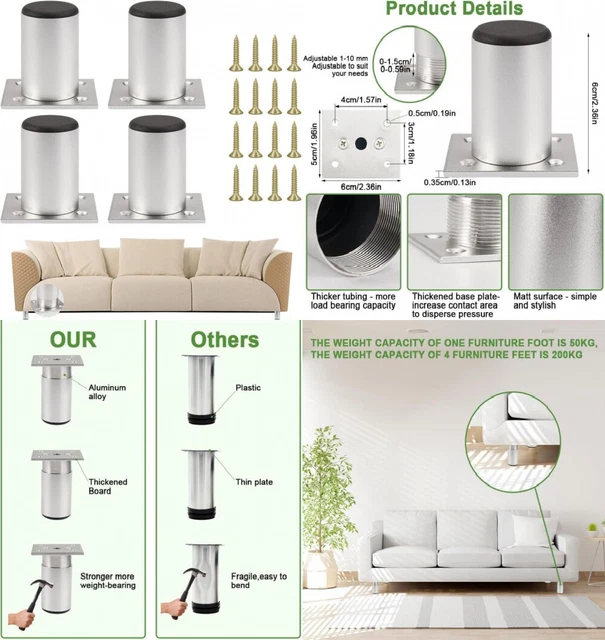 Piedini Regolabili Per Mobili - 4 Pezzi, Altezza 12-21 Cm, Metallico Nero, Portata Fino A 1000kg - Foto 6