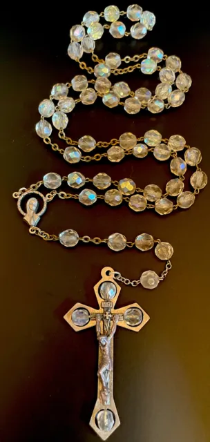 Crucifijo SilverTone incrustado cristal rosario cristal iridiscente AB de colección