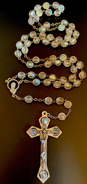 Crucifijo SilverTone incrustado cristal rosario cristal iridiscente AB de colección