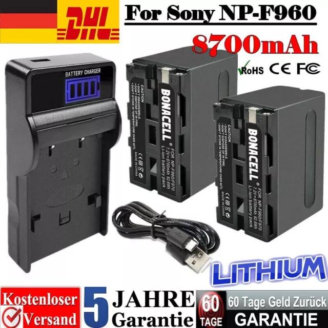 2x 8700mAh NP-F960 AKKU + LCD Ladegerät für SONY NP-930 NP-F930 NP-F950 NP-F970