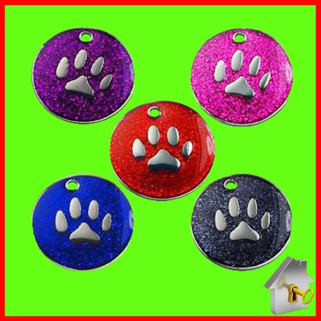 Personalised Engraved Dog Tag Glitter Paw Print Round Pet Cat ID Tag 25mm Tags
