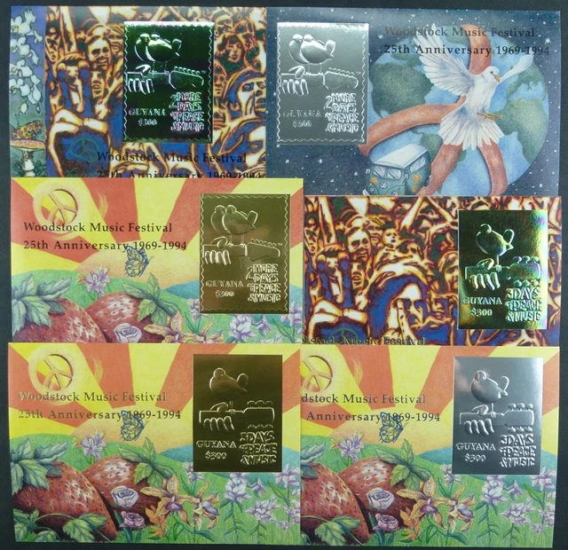 Schmetterlinge Guyana 1994 Woodstock Musik Music Silber Gold Block 406-411 / 48