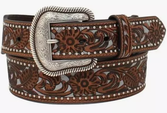Nocona M&F Western Men's Floral Light Blue Inlay Silver Studs, Brown Belt, 36
