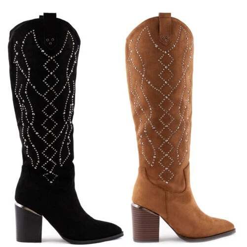 Bottes Femme en Daim Strass Santiags Chaussures Talon Confortable TooCool XG109