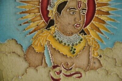 Vintage Fine Colorful Lord Krishna Embossed Ceramic Tile, Japan 3