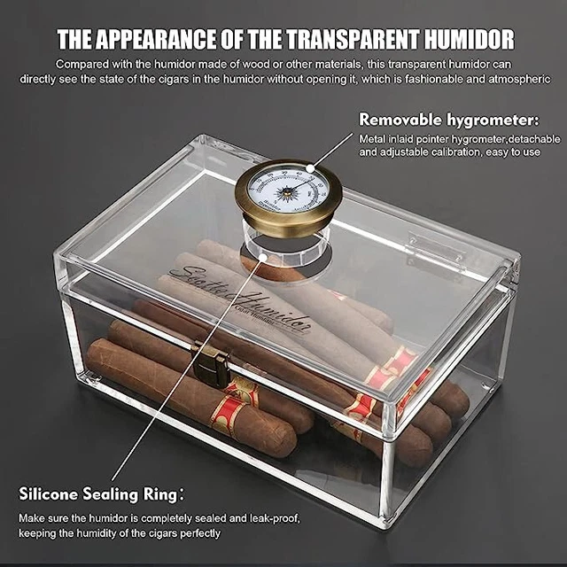 ACRYLIC CIGAR HUMIDOR Jar/Case/Box with Humidifier and Hygrometer $24. ...