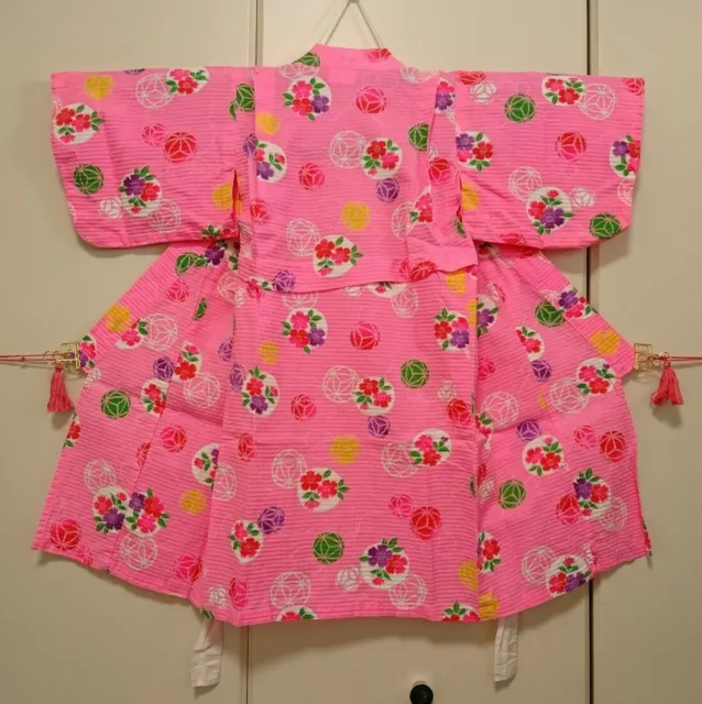 Japanese kimono, Yukata, Kids, Girl, Temari, Sakura pattern, Cherry pink.