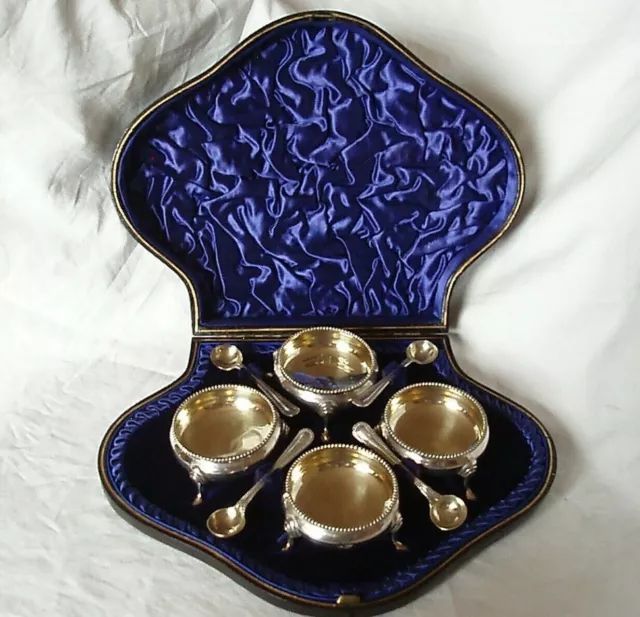 4 Cauldron Shaped Bowls & Spoons Victorian Sterling Silver Birmingham 1896