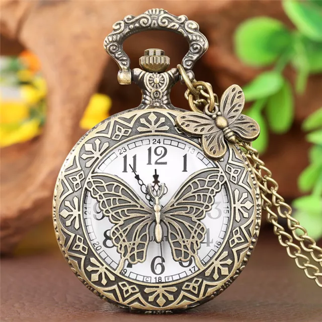 Retro 3D Butterfly Fob Watches Bronze Quartz Pocket Watch Female Necklace Chain