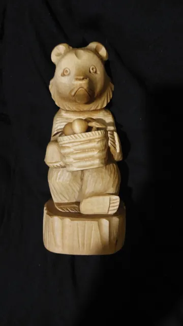 Vintage hand carved wooden bear with basket