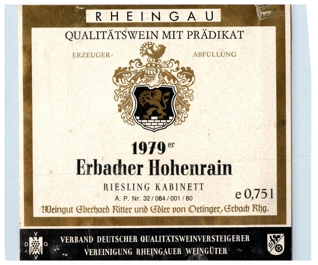 1970's-80's Erbader Hohenrain Riesling Kabinett German Wine Label Original S30E