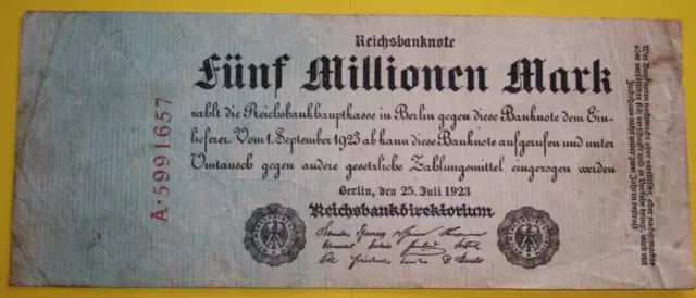 Reichsbanknote, Deutsches Reich Fünf Millionen Mark vom 25 Juli 1923 Sehr (5568)