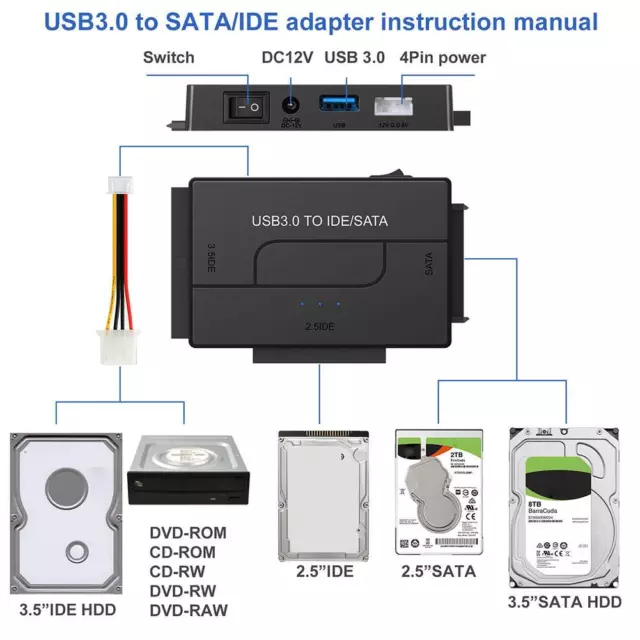 SATA to USB 3.0 2.5"/3.5"IDE Hard Drive Disk Converter External HDD/SSD Adapter