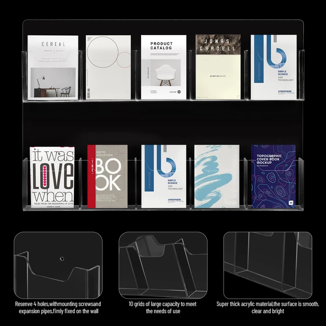 Acrylic Brochure Pamphlet Holder 10 Slot Holder Rack Wall Mount Clear Pocket