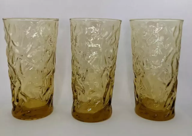 Set of 3 Vintage MCM Anchor Hocking Milano Amber/Gold Drinking Glasses