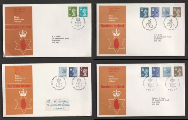 Four Northern Ireland Regional Machin Definitive FDC. First Day Covers