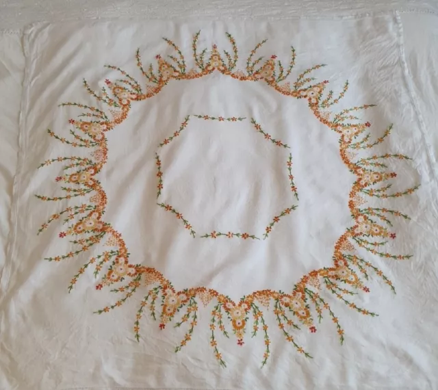 vintage orange floral embroidered linen tablecloth 43" x 43" *
