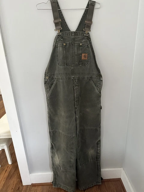 Carhartt R27 MOS Double Knee Green  Duck Bib Overalls Insulated-Size 36x32
