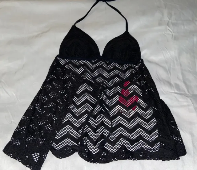 Hula Honey Crochet Push-up Apron Swimsuit Tankini Top XS Black (A22)