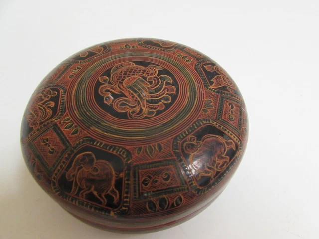 Burmese Lacquer Box  4 ½”  Diameter   Cinnabar Interior Very Good Condition