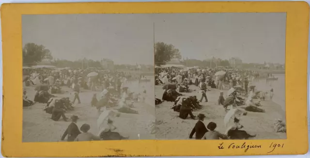 Stéréo, France, Le Pouliguen, plage, foule, 1901 Vintage stereo card  Tirage a