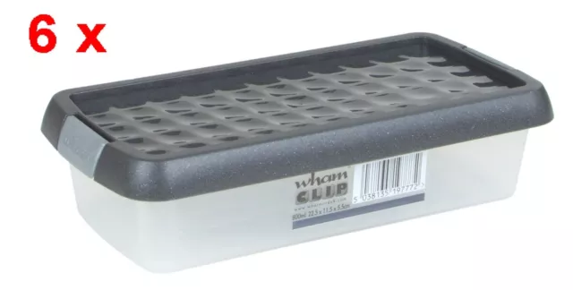 6 x Wham Clip Box mit Deckel - 0,8 Liter - 22,5x 11x 5,5cm - Klar/Graphit/Silber