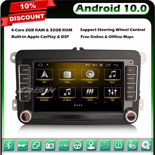 7" Android 10 Autoradio For VW Golf Passat Skoda Tiguan Touran DAB+ BT TNT OBD2