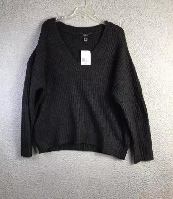 Forever 21+ Sweater Womens 0X Black Ribbed Knit V Neck Pullover NEW NWT