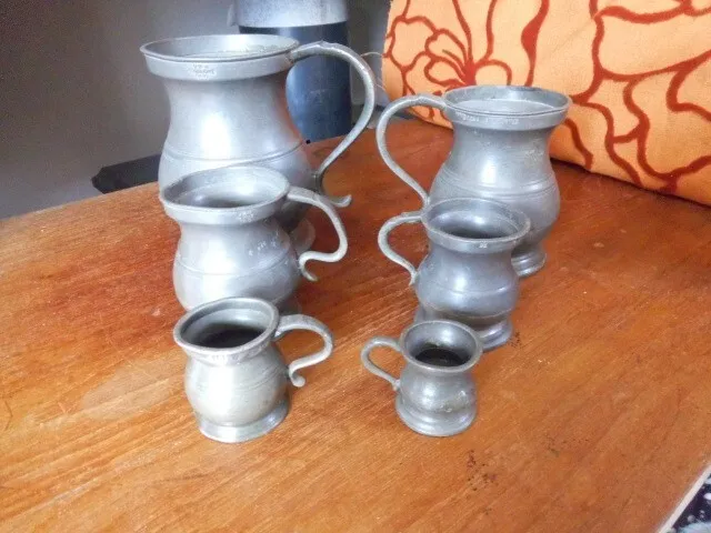 Antique Victorian Pewter Tankard Imperial Measures Set Of 6 Baluster Form