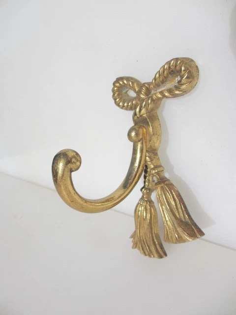 Vintage Brass Coat Hook Hat Double Hanger Old Drapes Rope Bow Ribbon