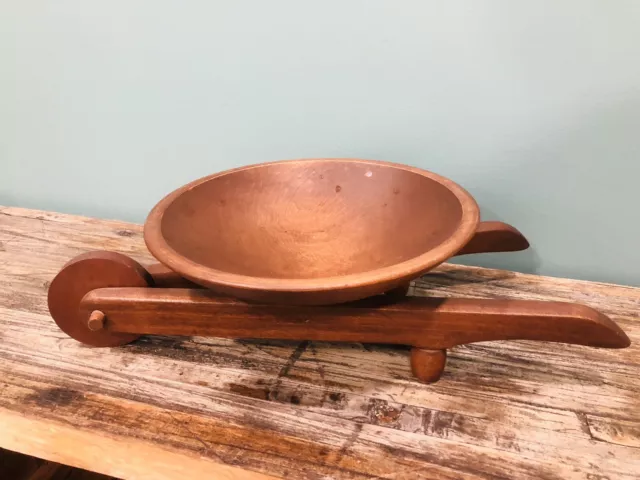 Vtg Wooden serving bowl hand turned wheel Barrel candy nut dish folk art
