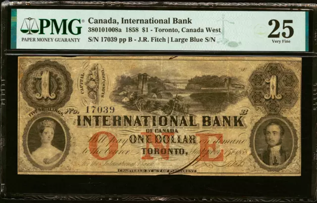 CANADA, International Bank, 1858, 1 Dollar, Canada West, TORONTO, FITCH, PMG 25