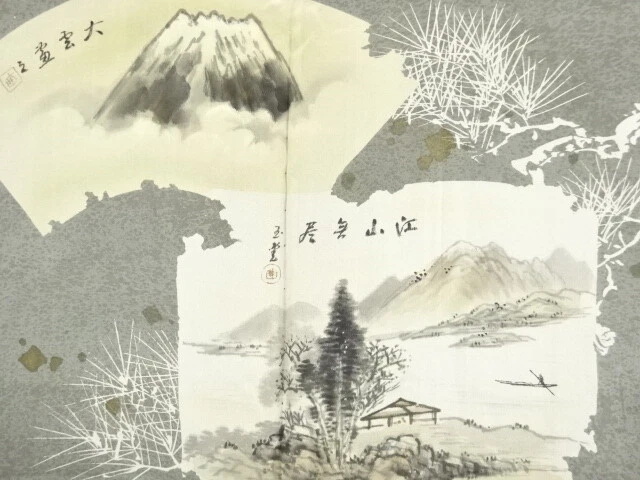 6799707: JAPANESE KIMONO / ANTIQUE MENS HAORI / MT. FUJI & SCENERY (lining)