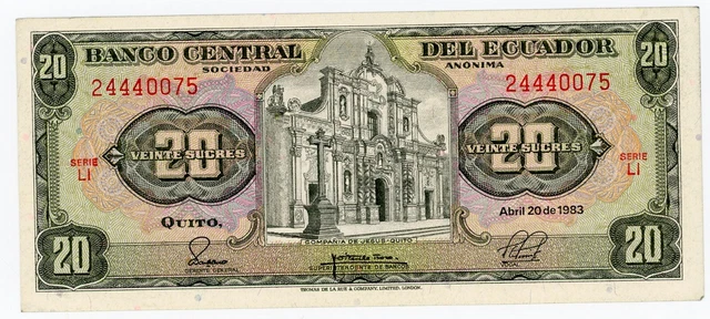 Ecuador  … P-115b … 20 Sucres … 1983 … Choice *AU-UNC*.😉 Serie LI.