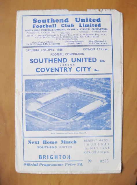 SOUTHEND UNITED v COVENTRY CITY Reserves 1957/1958 Fair Cond Football Programme