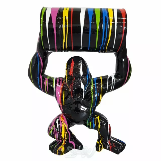 Deko GORILLA mit FASS 93 cm AFFE schwarz BUNTE FARBLÄUFER Tier Figur Serengeti